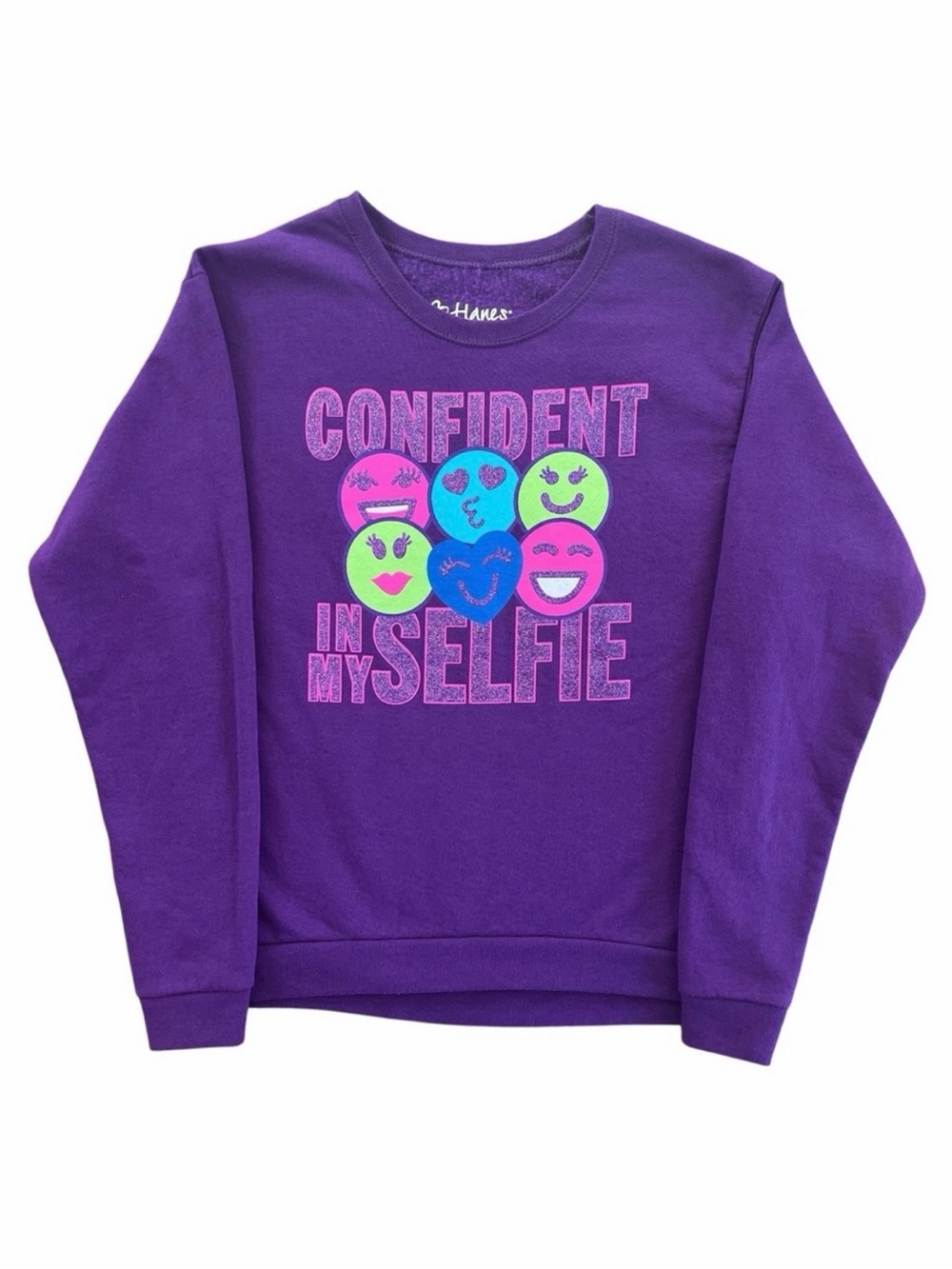 Hanes Girls XL Sweatshirt Confident In My Selfie Purple Fleece Crewneck Glitter